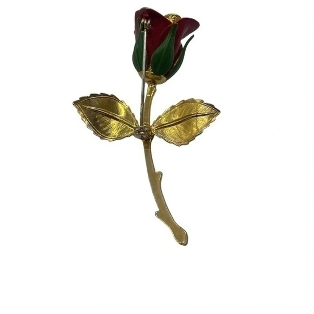Red Rose Brooch Lacquer Coated Red Rose Brooch Gold Tone Trim Green Leaves